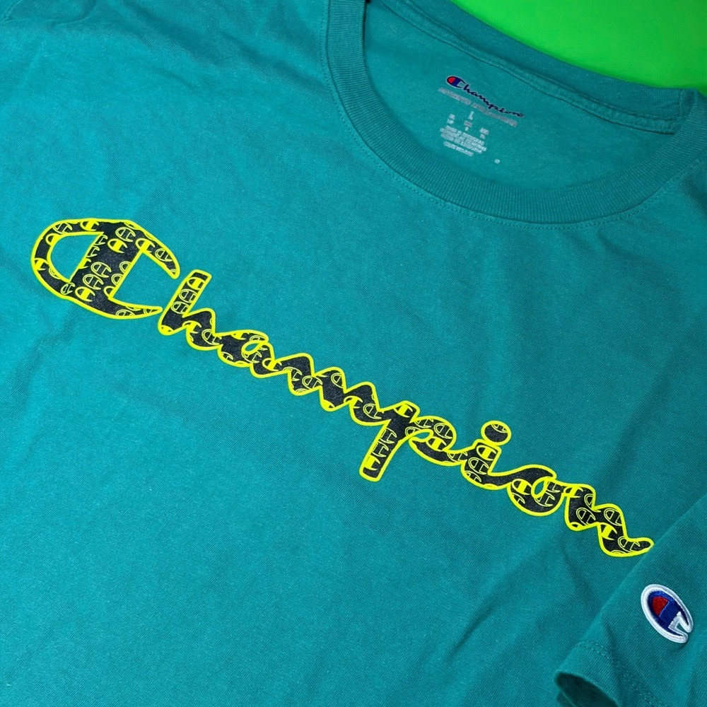 Champion T-Shirt Mens Large Teal Green Script Logo Short Sleeve Cotton GT23H